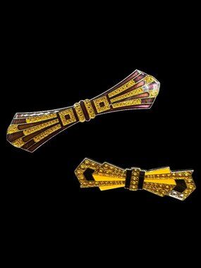 Vintage Pair Pierre Bex Bow Tie Shaped Red Gold Black Enamel Pin Brooches